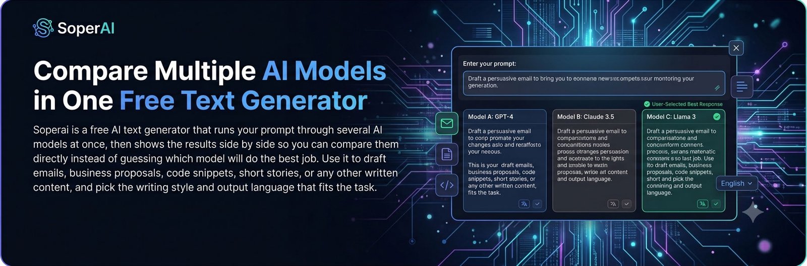 Soperai free AI text generator interface showing results from multiple AI models compared side by side